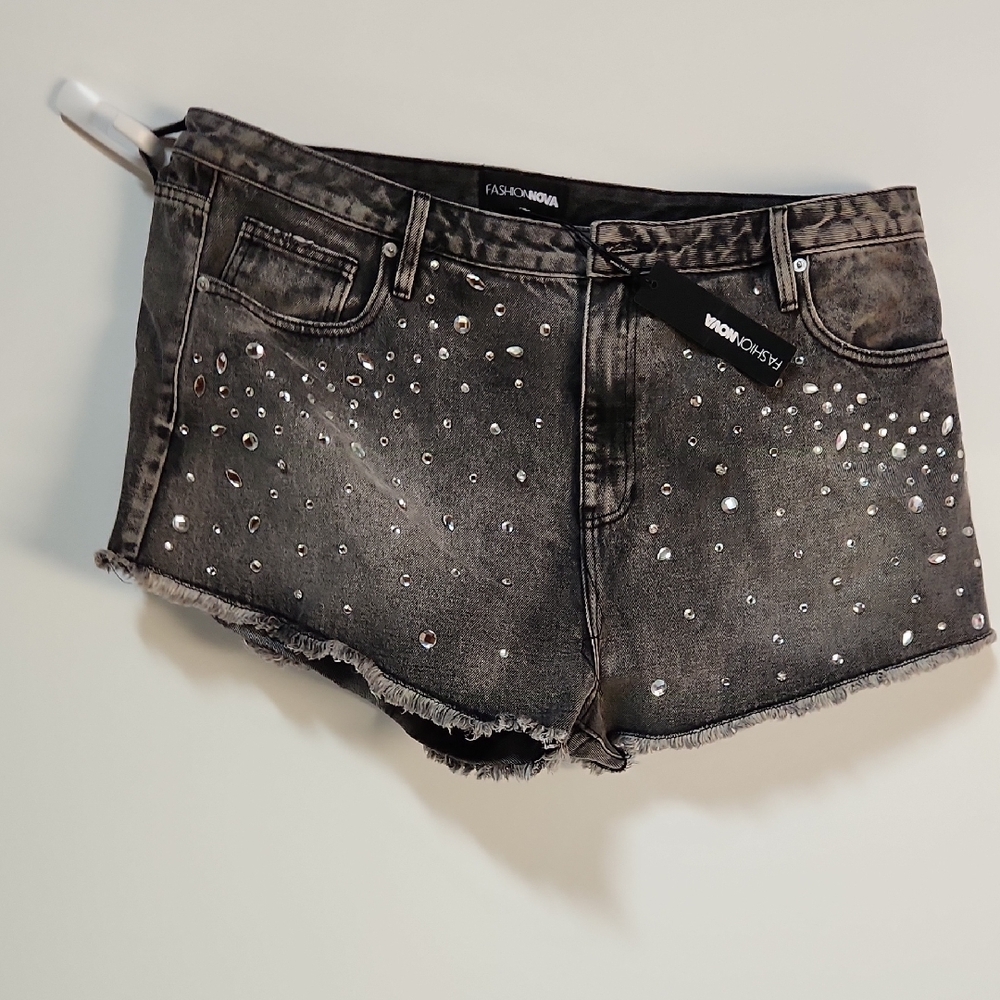 Fashion Nova Gray Rhinestone Jean Shorts